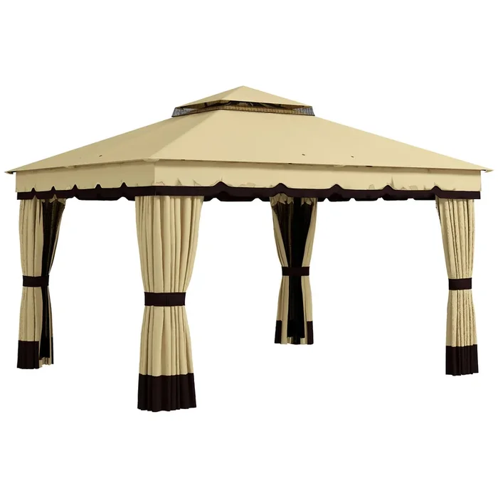 Outsunny Cenador de Jardín 3,7×3 m Gazebo de Exterior con 4 Paredes Laterales 4 Mosquiteras Doble Techo Impermeable y Anti-UV para Terraza Patio Playa Beige