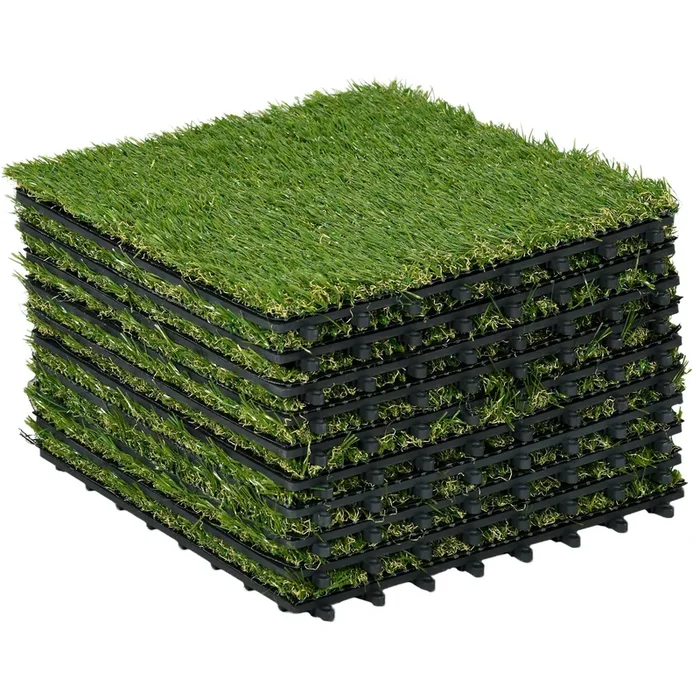 Outsunny Césped Artificial de 10 Piezas Alfombra Césped Artificial 30×30 cm con Altura de Hierba 25 mm Anti-UV para Jardín Patio Balcón Verde Oscuro