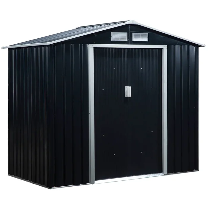Outsunny Cobertizo de Jardín 2,42m² con Base de Refuerzo Sin Suelo 213x130x185 cm Caseta de Jardín Exterior con 2 Puertas Correderas y 4 Ventanas para Almacenamiento de Herramientas Gris Oscuro