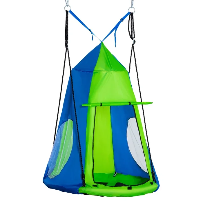 Outsunny Columpio con Tienda Infantil Columpio Nido con Puerta Enrollable y 2 Ventanas de Malla para Niños y Adultos Carga Max. 200 kg Interior y Exterior Ø100×180 cm Verde y Azul