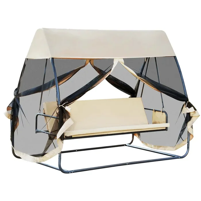Outsunny Columpio de Jardín 3 Plazas Convertible en Cama con Mosquitera de Puertas Espacio de Almacenaje Terraza Balcón Exterior 240x140x197 cm Acero Carga Máx. 300 kg Crema