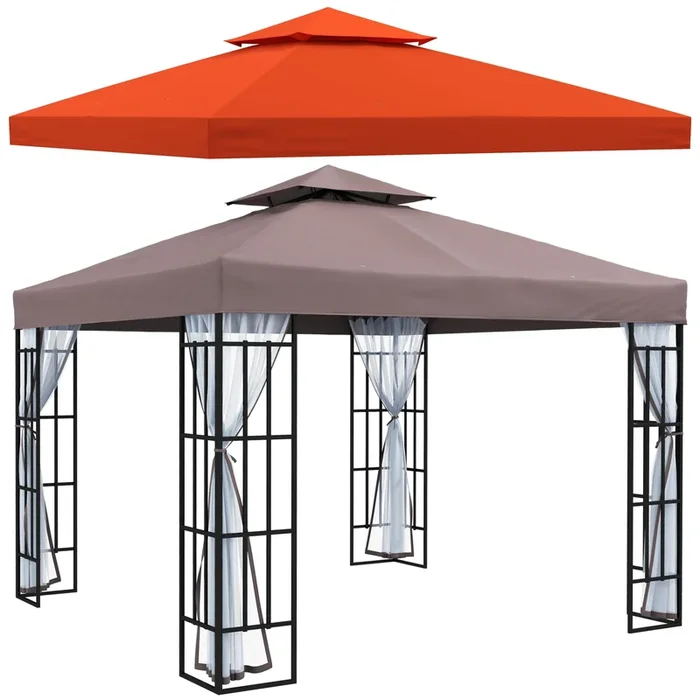 Outsunny Conjunto de 1 Cenador de Jardín 3×3 m con Doble Techo 4 Mosquiteras Extraíbles Anti-UV y 1 Techo de Repuesto para Fiestas Eventos Café y Teja