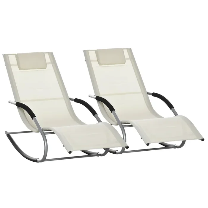 Outsunny Conjunto de 2 Mecedoras para Jardín Tumbonas Mecedoras con Reposacabezas Reposabrazos Carga 120 kg para Playa Patio Terraza 63x144x84 cm Beige
