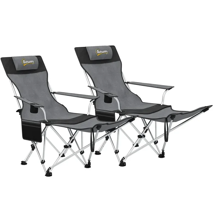 Outsunny Conjunto de 2 Sillas Plegables Camping Tumbonas Camping Portátiles con Reposapiés Desmontable Reposacabezas Portavasos y Bolsa Lateral Carga 120 kg para Jardín Playa Pesca Gris y Negro
