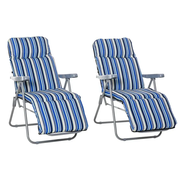 Outsunny Conjunto de 2 Tumbonas Plegables Tumbonas de Jardín de Acero con Cojín Acolchado Respaldo Regulable en 5 Posiciones y Reposapiés 60x75x65-102 cm Rayas Azul