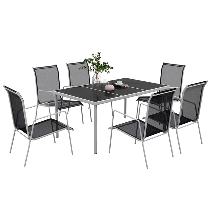 Outsunny Conjunto de Comedor de Exterior Juego de Comedor de Jardín de 7 Piezas con 1 Mesa 6 Sillas Apilables y Marco de Acero para Terraza Patio Negro