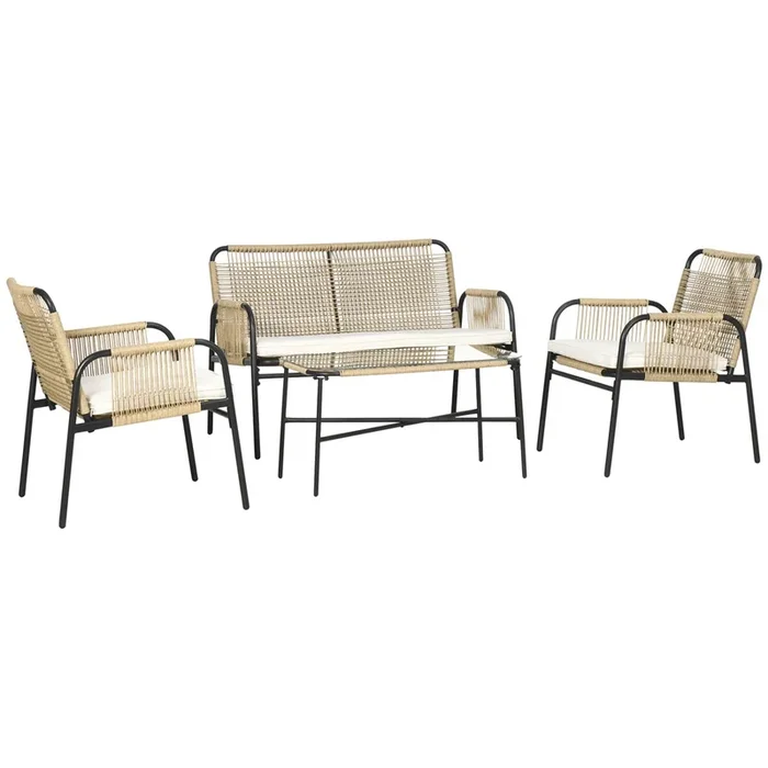 Outsunny Conjunto de Jardín de Ratán Sintético Juego de 4 Piezas Muebles de Jardín con 2 Sillones 1 Sofá Doble 1 Mesa de Centro con Tablero de Vidrio y Cojines para Exterior Natural y Negro