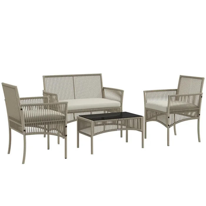 Outsunny Conjunto de Muebles de Jardín de Ratán Juego de 4 Piezas Muebles de Terraza con 1 Sofá de 2 Plazas 2 Sillones Cojines y 1 Mesa de Centro de Tablero de Vidrio para Patio Caqui