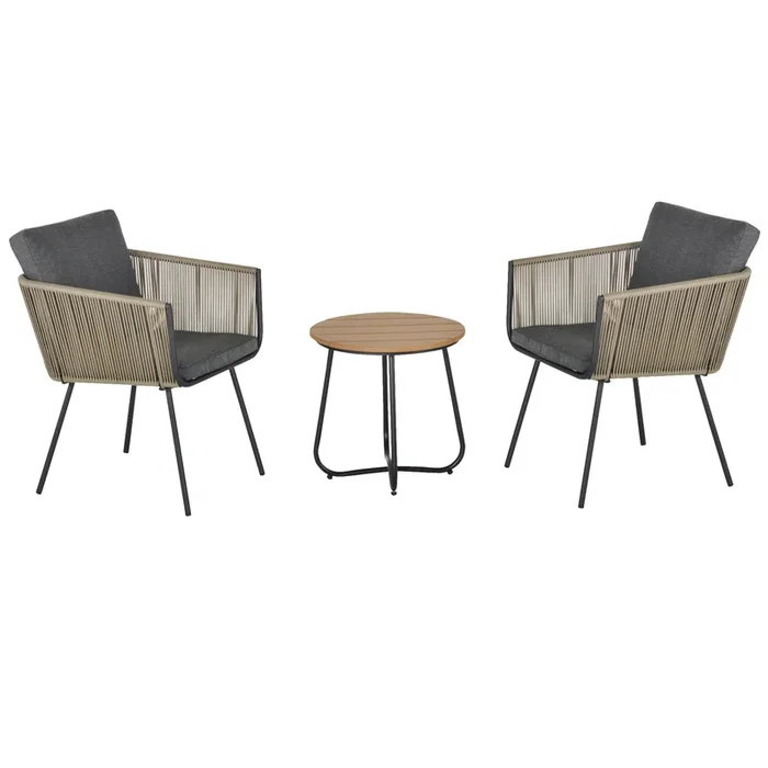 Outsunny Conjunto de Muebles de Jardín Juego de 3 Piezas Muebles de Ratán 1 Mesa Redonda y 2 Sillas Butaca con Cojines Acolchados para Balcón Terraza Acero Caqui y Gris
