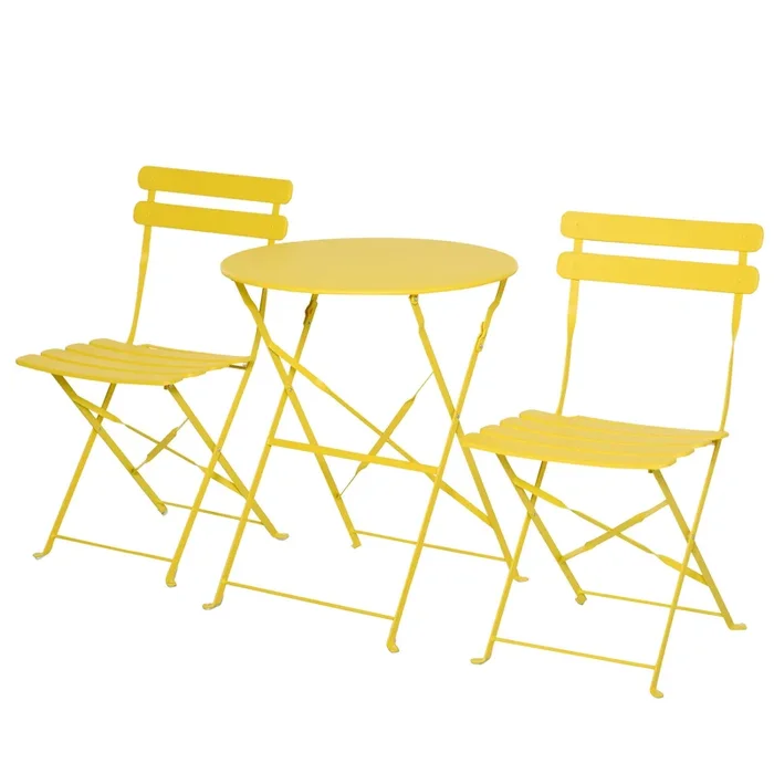 Outsunny Conjunto Muebles Plegables de Jardín de 3 piezas Mesa y 2 Sillas de Metal para Balcón Terraza Exteriores Ø60×71 cm Amarillo