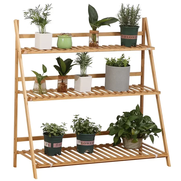 Outsunny Estantería para Plantas de 3 Niveles de Bambú Soporte para Flores Plegable Estantería para Macetas para Interiores y Exteriores 100x39x97 cm Natural