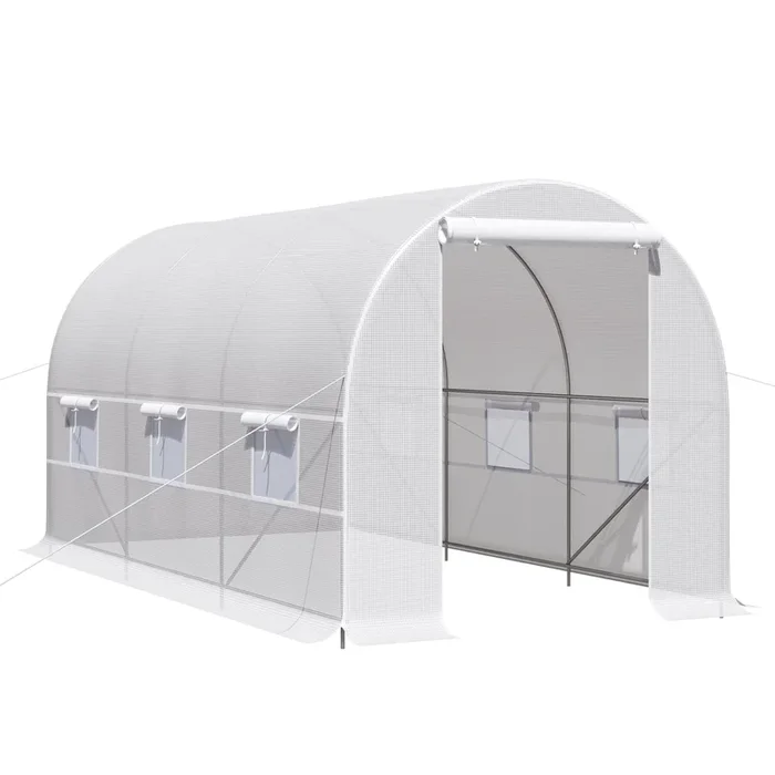 Outsunny Invernadero de Exterior 4x2x2 m Invernadero de Túnel con 6 Ventanas de Malla y Puerta Enrollable con Cremallera Invernadero de Huerto Anti-UV para Patio Jardín Blanco
