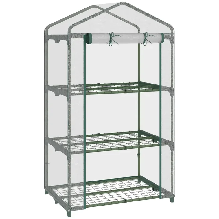 Outsunny Invernadero de Jardín de 3 Niveles Invernadero de Terraza con 3 Estantes Puerta con Cremallera Marco de Acero Cubierta PVC para Cultivo de Plantas Flores Verduras 69x49x125 cm Transparente