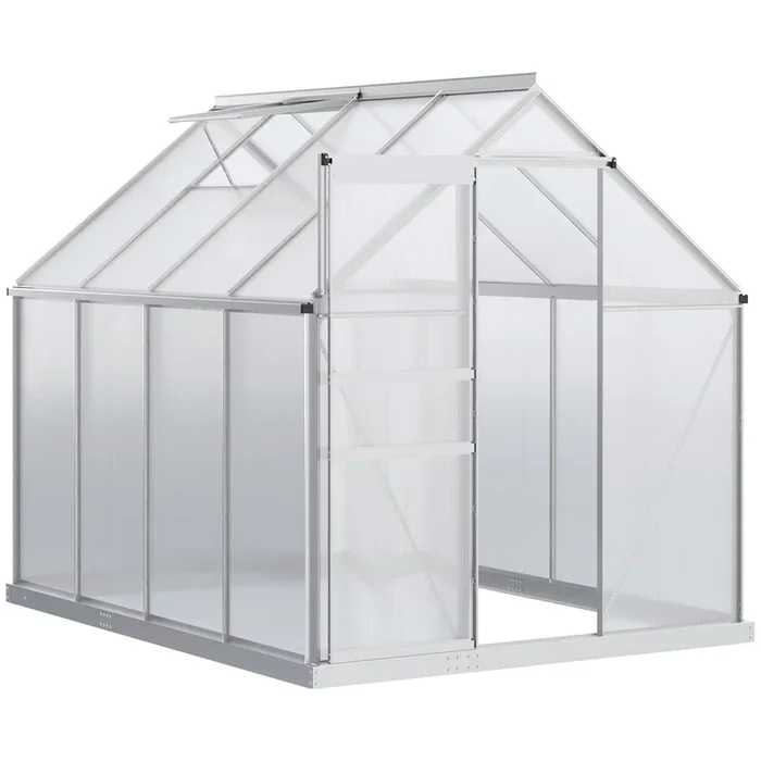 Outsunny Invernadero Policarbonato Aluminio de Jardín 190x253x199 cm 4,8m² Caseta de Exterior con Base Puerta Corredera y Tragaluce para Cultivo Plantas Semillas Transparente