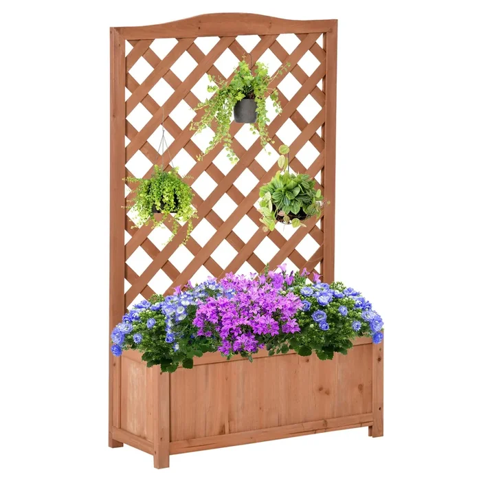 Outsunny Jardinera con Enrejado de Madera Maciza Arriate Macetero con Soporte para Trepadora Cultivos Plantas Flores para Balcón Terraza Jardín Exterior 70x28x117 cm Marrón