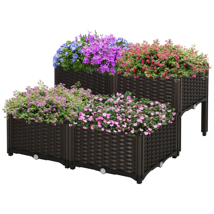Outsunny Juego de 4 Jardineras de Exterior Jardineras Cuadradas Imitación a Mimbre Combinación Libre Maceteros para Jardín Patio 40x40x26/44 cm Marrón