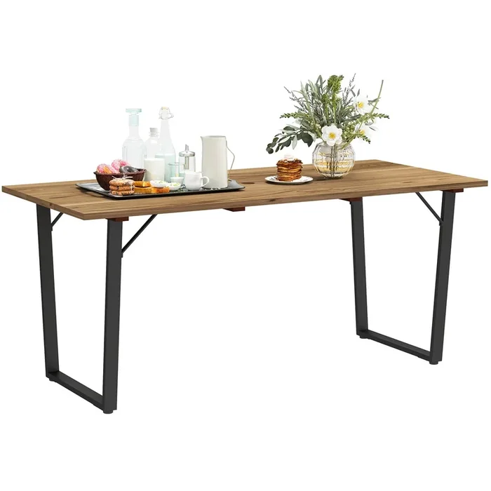Outsunny Mesa Comedor de Jardín de Madera Rectangular Mesa de Terraza Exterior 175x80x75 cm con Orificio para Sombrilla Estructura de Acero y Encimera de Listones para Patio Balcón Natural