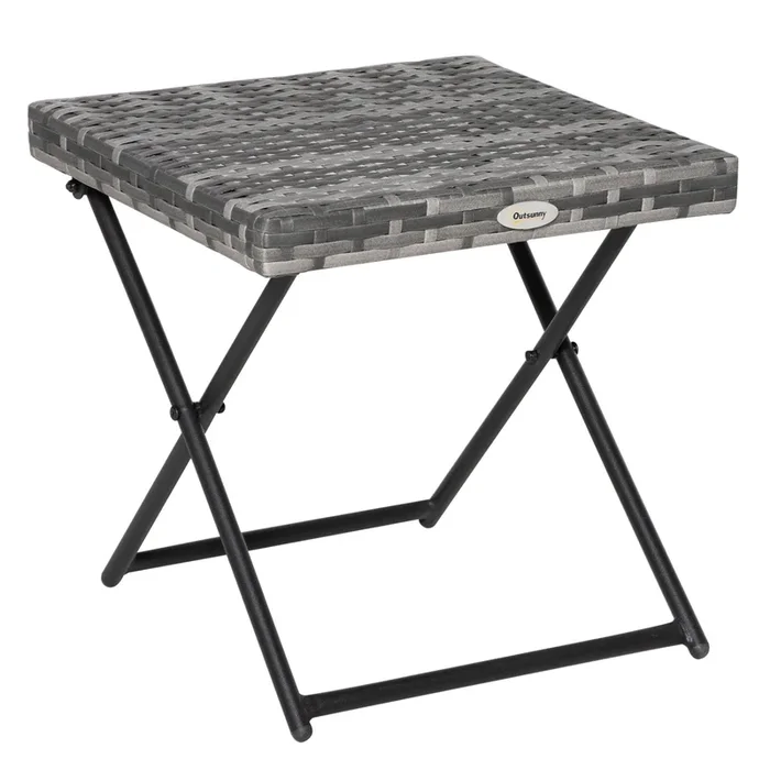 Outsunny Mesa de Jardín de Ratán Sintético 0,16 ㎡ Mesa de Terraza Exterior Plegable con Patas Cruzadas y Marco de Acero para Patio Balcón Gris