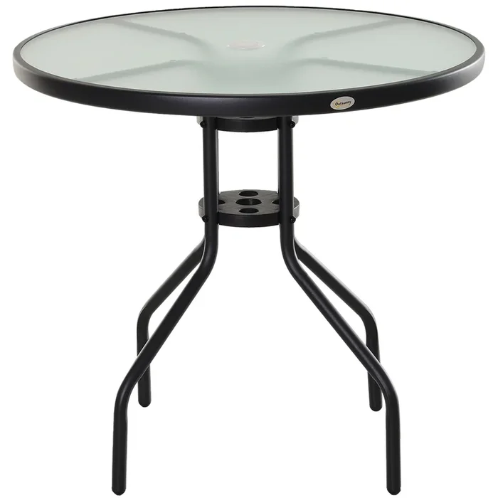 Outsunny Mesa de Jardín Redonda Mesa Comedor de Cristal Templado con Agujero para Sombrilla y Estructura Metálica para Patio Terraza Balcón Exterior Ø80×72 cm Negro