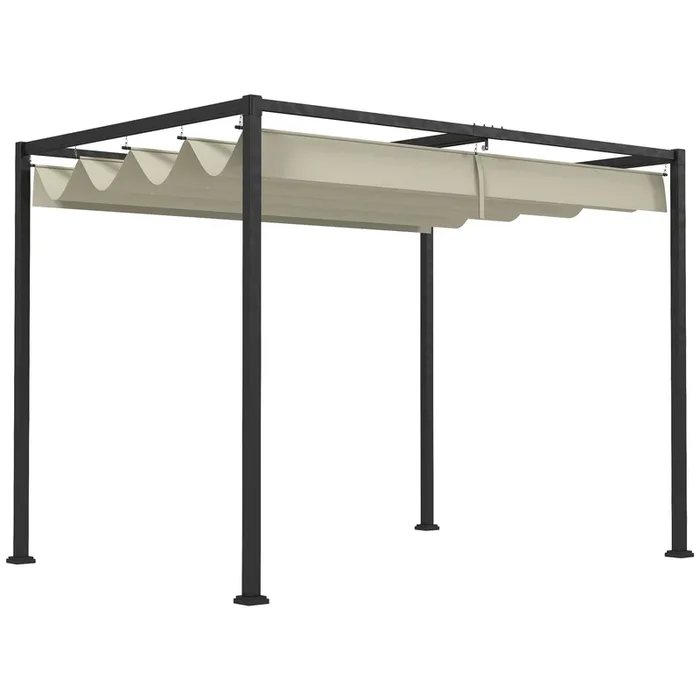 Outsunny Pérgola 3×2 m Cenador de Jardín Pabellón de Diseño Elegante con Techo Retráctil de Poliéster con Recubrimiento Resistente Anti-UV Impermeable para Celebraciones Fiestas Bodas Crema