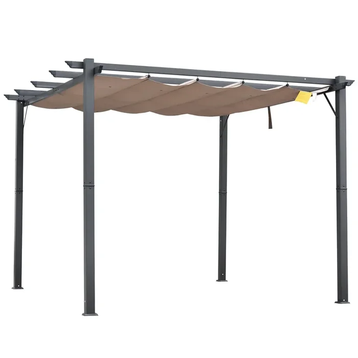 Outsunny Pérgola con Techo Retráctil Pérgola de Aluminio 3×3 m Cenador con Tela de Poliéster Resistente al Agua Anti-UV Pabellón para Jardín Patio Terraza Exterior Marrón y Gris