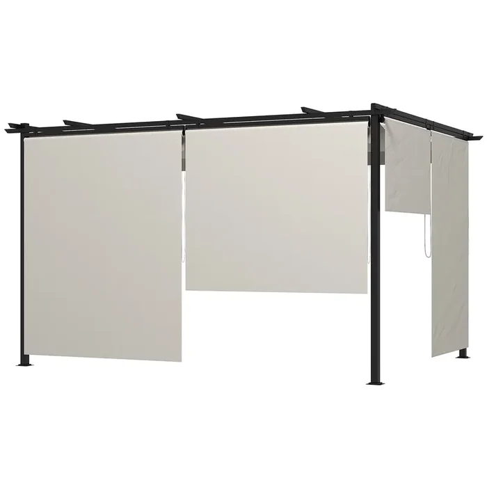 Outsunny Pérgola de Jardín 4×3 m Cenador para Exterior con Techo Retráctil 4 Cortinas Enrollables de Poliéster y Marco de Metal para Patio Terraza Crema