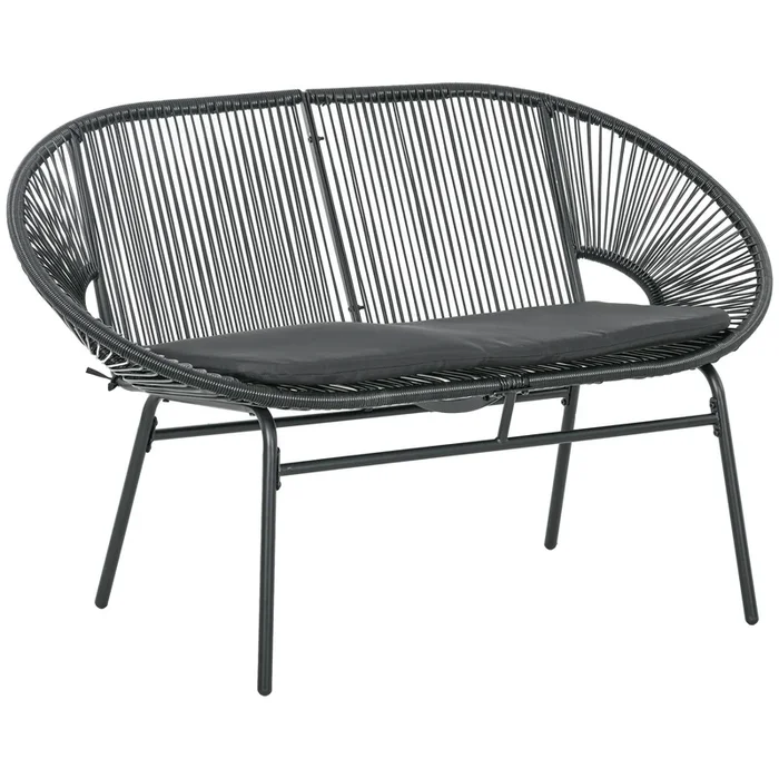 Outsunny Silla Acapulco de 2 Plazas Silla de Jardín con Reposabrazos Cojines y Marco de Acero Carga 260 kg para Balcón Terraza Patio 132x72x83 cm Negro