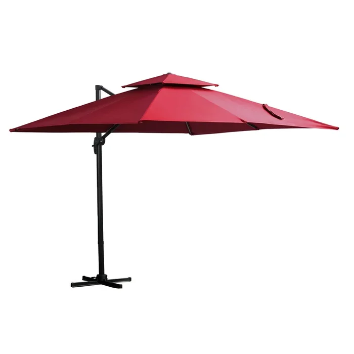 Outsunny Sombrilla de Jardín 300×300 cm Parasol de Aluminio con Manivela Poste Giratorio 360° Doble Techo Inclinable en 6 Posiciones y Base Cruzada Incluida Rojo