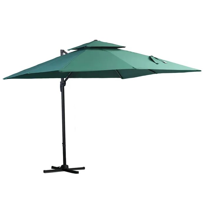 Outsunny Sombrilla de Jardín 300×300 cm Parasol de Aluminio con Manivela Poste Giratorio 360° Doble Techo Inclinable en 6 Posiciones y Base Cruzada Incluida Verde