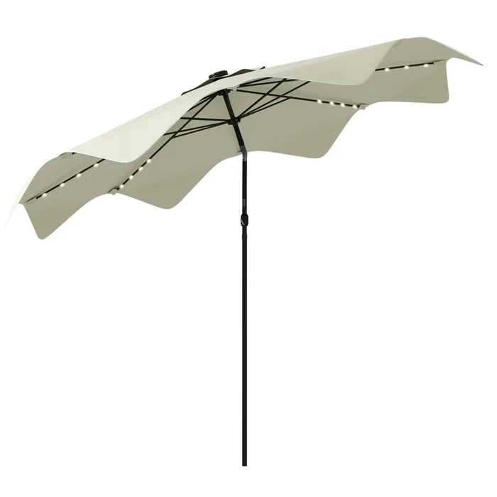 Outsunny Sombrilla de Jardín Ø292×248 cm Parasol de Terraza Manual con 32 Luces LED Solares 8 Varillas Ángulo Ajustable Impermeable y Rejillas de Ventilación para Patio Balcón Crema