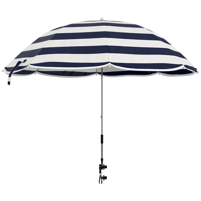 Outsunny Sombrilla Playa para Silla Ø103×97,5 cm Parasol para Terraza con Abrazadera Techo Ajustable Apertura Manual Anti-UV Impermeable Azul y Blanco