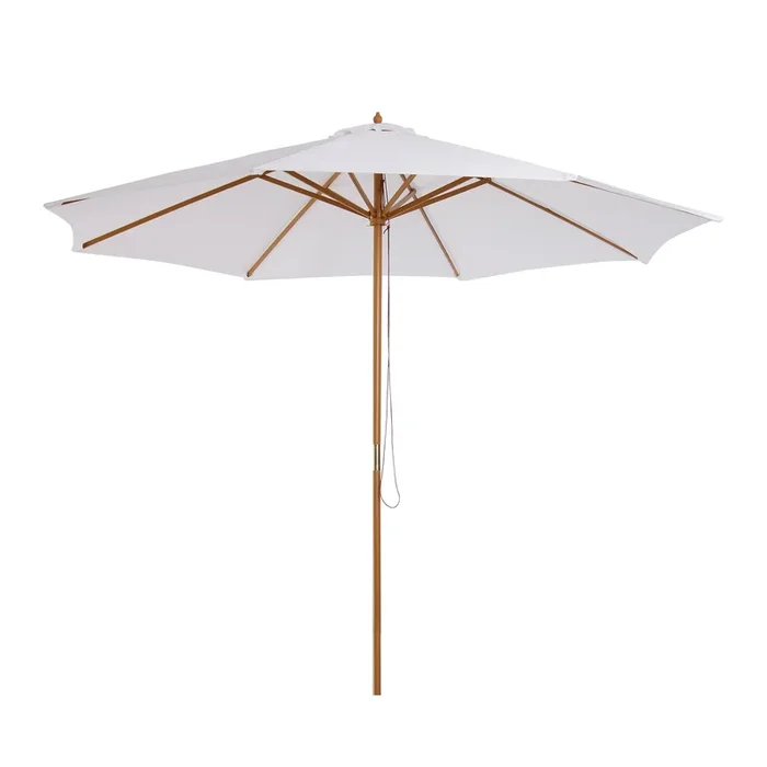Outsunny Sombrilla Terraza Exterior Ø300 cm Sombrilla de Jardín con Sistema de Polea Techo Ventilado y Poste Desmontable de Madera Parasol para Patio Terraza Blanco