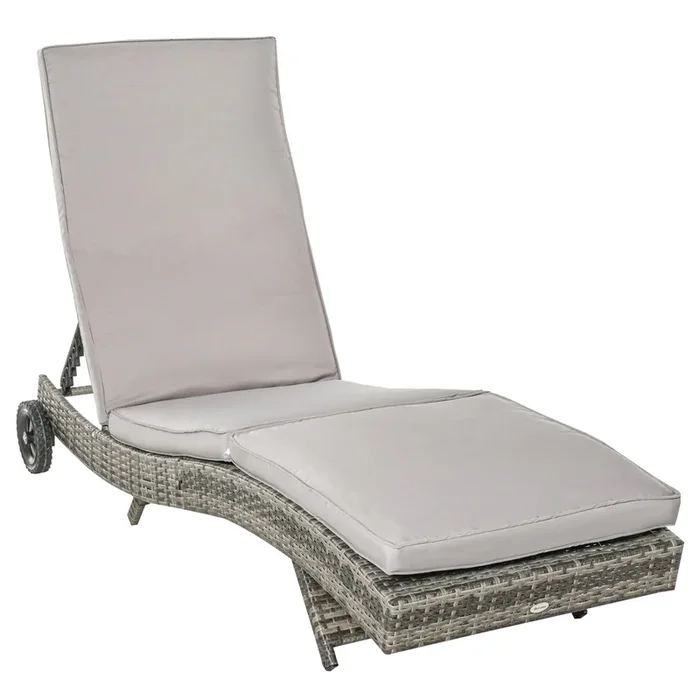 Outsunny Tumbona de Ratán Reclinable Tumbona de Jardín en Forma de S con 2 Ruedas Respaldo Ajustable en 5 Posiciones y Cojín Extraíble para Patio Terraza 207x70x70 cm Gris Claro