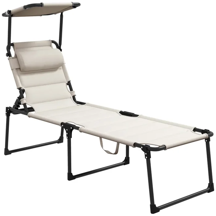 Outsunny Tumbona Plegable Tumbona de Jardín con Toldo Ajustable Respaldo Regulable en 4 Niveles y Reposacabezas para Terraza Piscina 70x200x45 cm Crema