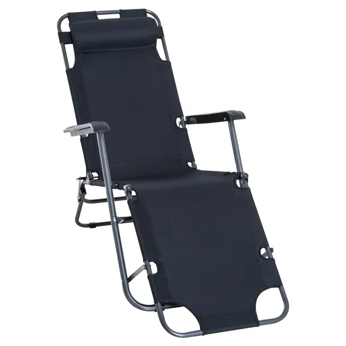 Outsunny Tumbona Reclinable y Plegable Silla de Playa Tumbona Relax Plegable con Respaldo Ajustable en 2 Niveles Reposabrazos Almohada y Reposapiés para Jardín Balcón Carga 136 kg 135x60x89 cm Negro