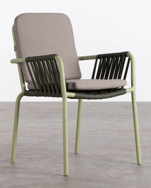 Pack 4 Sillas de Comedor con Reposabrazos de Aluminio y cuerda Drian Verde Lima claro y Marrón verdoso – The Masie