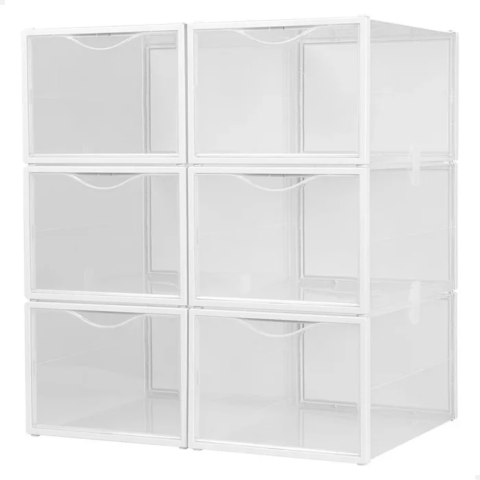 Pack 6 cajas transparentes apilables y antivuelco para zapatos 25x35x18,5 cm hasta T.46 – Max Home