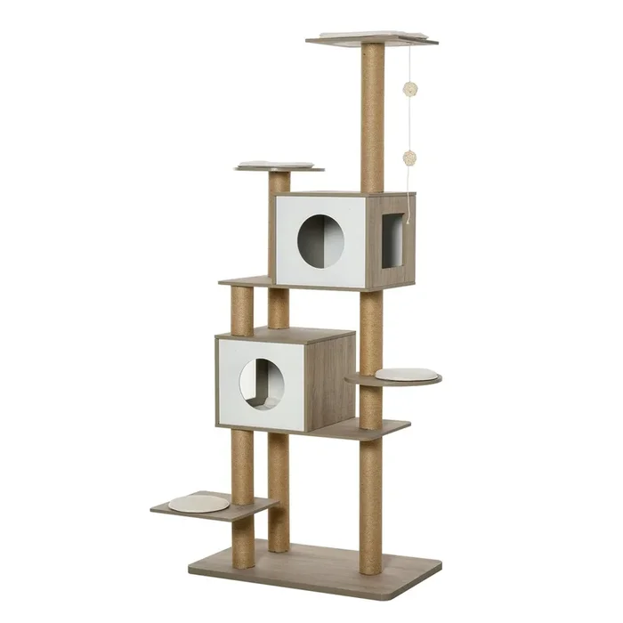 PawHut Árbol Rascador Árbol para Escalar para Gatos Altura 177cm con Plataformas Cuevas Juguete Colgante Cojín Extraíble Postes de Yute Blanco y Marrón