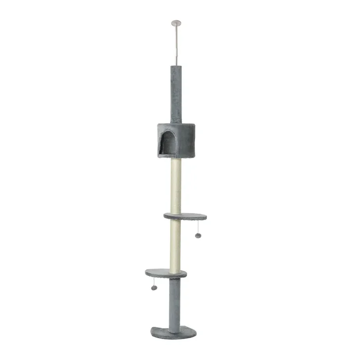 PawHut Árbol Rascador para Gatos Rascador para Fijar al Techo Altura 255 cm con Plataformas Cueva Postes de Sisal Bolas Colgantes Gris Claro