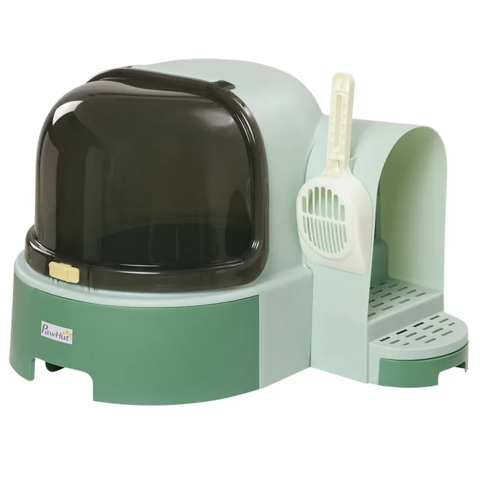 PawHut Arenero para Gatos con Cubierto Caja de Arena para Gatos en Forma de Cápsula Espacial con 2 Bandejas Extraíbles y Pala 52x60x42 cm Verde