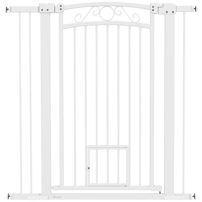 PawHut Barrera para Perros con Cierre Automático, Puerta para Perros 76-104 cm, Barrera de Seguridad con 2 Extensiones 7/14 cm, Fácil Montaje, Doble Bloqueo, para Escaleras y Puertas, Blanco