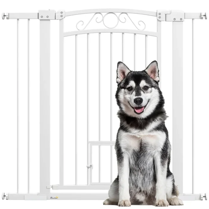 PawHut Barrera para Perros con Cierre Automático, Puerta para Perros 76-104 cm, Barrera de Seguridad con 2 Extensiones 7/14 cm, Fácil Montaje, Doble Bloqueo, para Escaleras y Puertas, Blanco