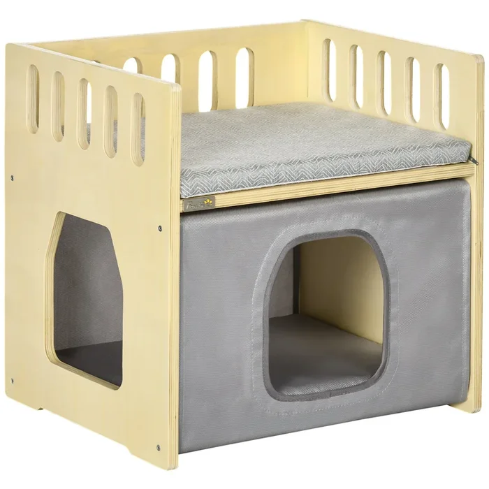 PawHut Cama para Gatos de Madera Cueva para Gatos Casa para Gatos de Interior con 2 Cojines y Cubierta de Tela Oxford Extraíble 48x38x47 cm Natural