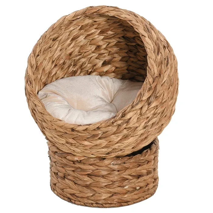PawHut Cama para Gatos de Mimbre Cueva para Gatos Desmontable con Cojín Extraíble 40x37x51 cm Marrón y Beige
