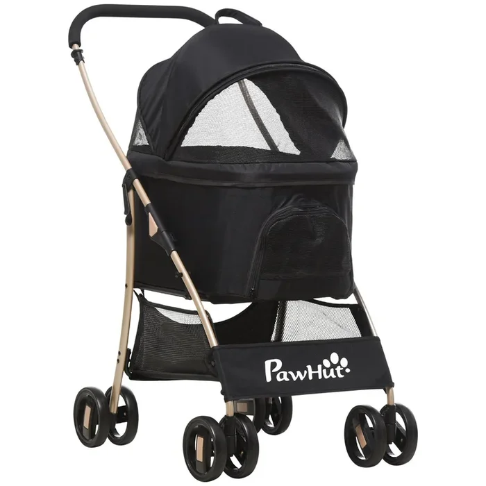 PawHut Carrito para Perros Plegable 3 en 1 Cochecito para Mascotas Carrito para Perros Pequeños con Vagón Desmontable Cesta de Almacenaje Correas de Seguridad y Cojín Carga 15 kg Negro