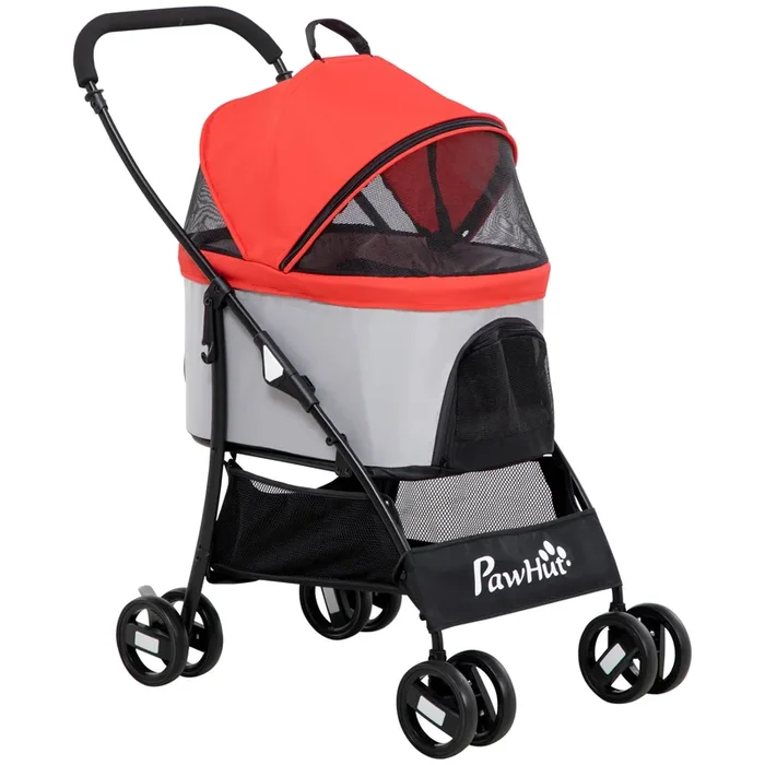 PawHut Carrito para Perros Plegable 3 en 1 Cochecito para Mascotas Carrito para Perros Pequeños con Vagón Desmontable Cesta de Almacenaje Correas de Seguridad y Cojín Carga 15 kg Rojo