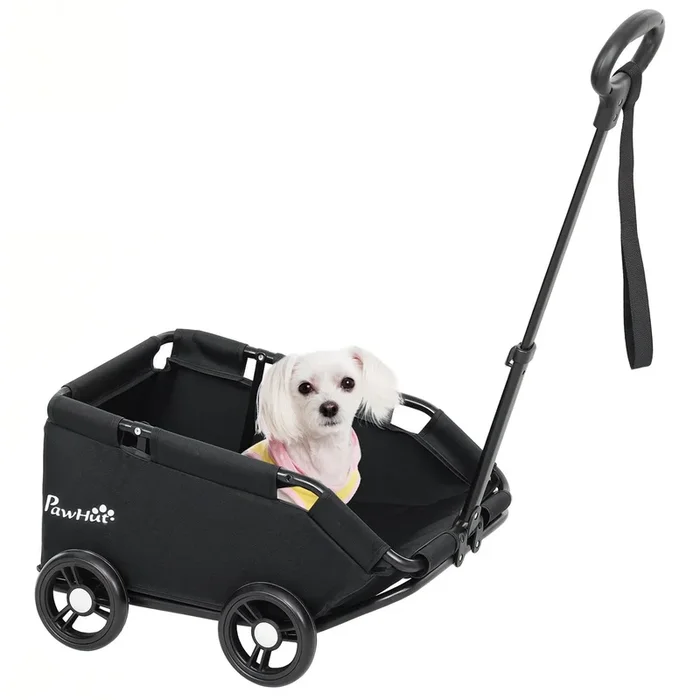 PawHut Carrito para Perros Plegable Cochecito para Mascotas Carrito para Perros Miniatura con Barra de Empuje Ajustable Diseño Abierto Cojín Bolsa de Almacenamiento y Ruedas 53x45x28 cm Negro