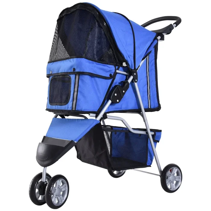 PawHut Carrito para Perros Plegable Cochecito para Mascotas Carrito para Perros Pequeños con Cesta de Almacenaje Ventanas de Malla y 2 Ruedas Universales Carga 15 kg 75x45x97 cm Azul