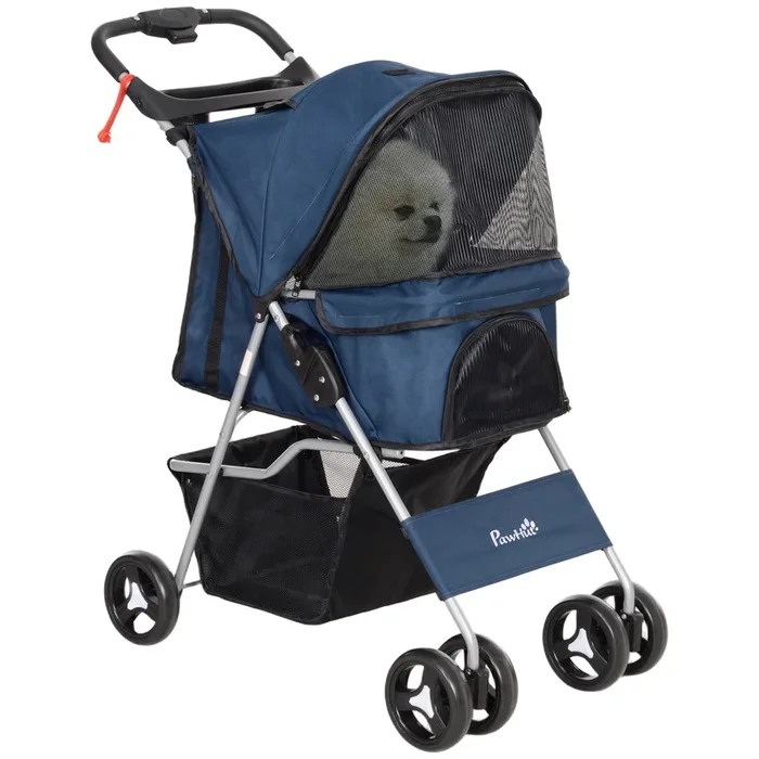 PawHut Carrito para Perros Plegable Cochecito para Mascotas Carrito para Perros Pequeños con Toldo Ajustable Cesta de Almacenaje 2 Ruedas Universales Carga 15 kg 75x46x94 cm Azul Oscuro
