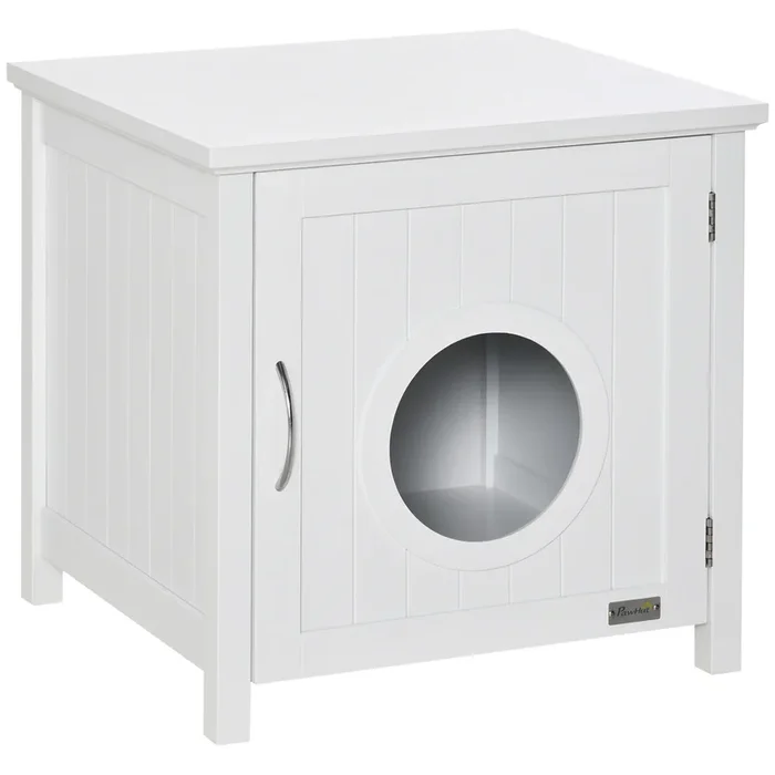 PawHut Casa para Gatos de Madera Mueble Arenero para Gatos 2 en 1 con Armario de Almacenaje Encimera Amplio Puerta con Orificio de Entrada 51,5×48,2×51 cm Blanco
